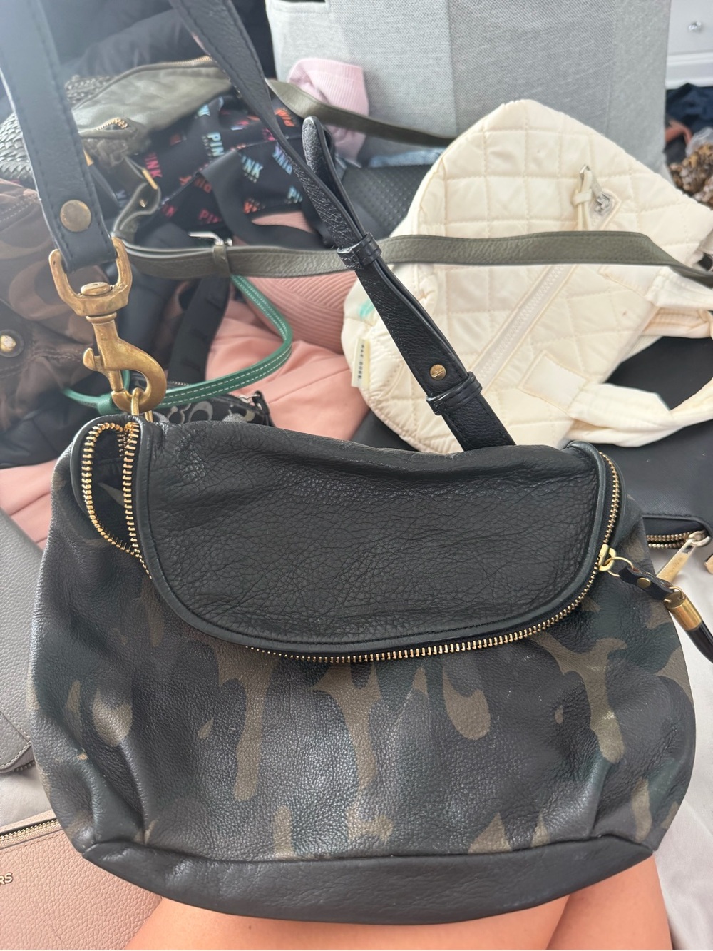 Black Camouflage Crossbody Bag with Gold Hardware